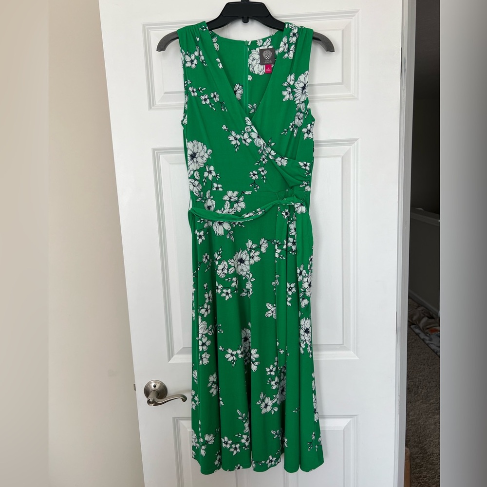 Vince Camuto Green Floral jersey Printed Faux Wrap Midi Dress